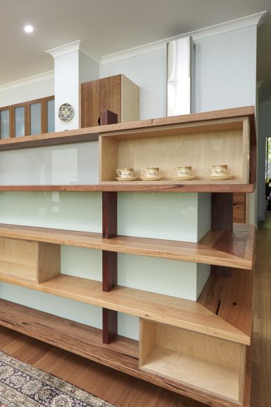 Recycled timber shelving up close